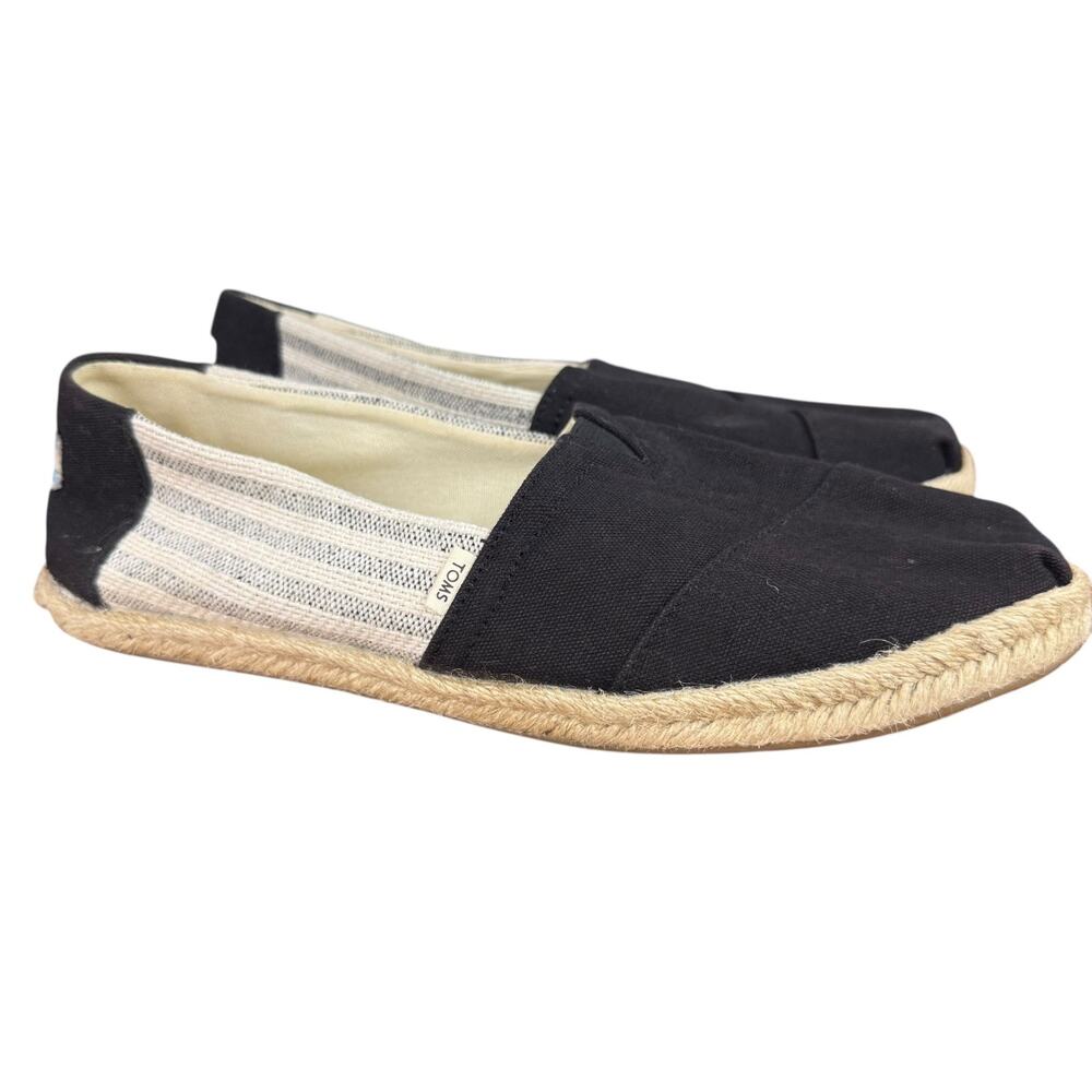 Toms Black Canvas Slip-On Espadrille Flats with Neutral Striped Sides. back cut